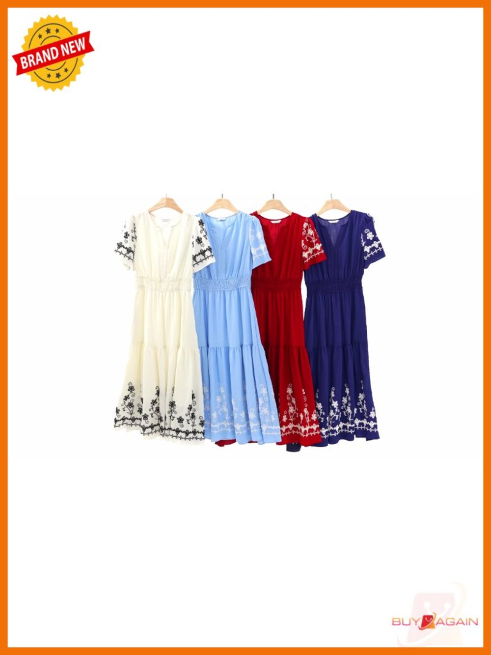 Floral Embroidered A-Line Maxi Dress with Pockets Short Sleeve V-Neck - Picture 6 of 6